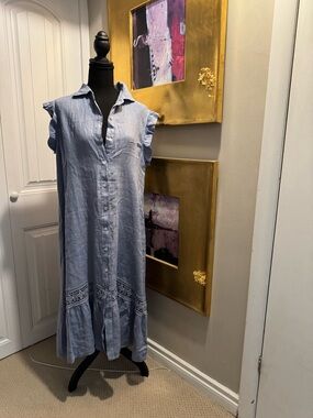 Vanessa Zani Made In Italy Light Blue Button-Front Sleeveless Linen Dress